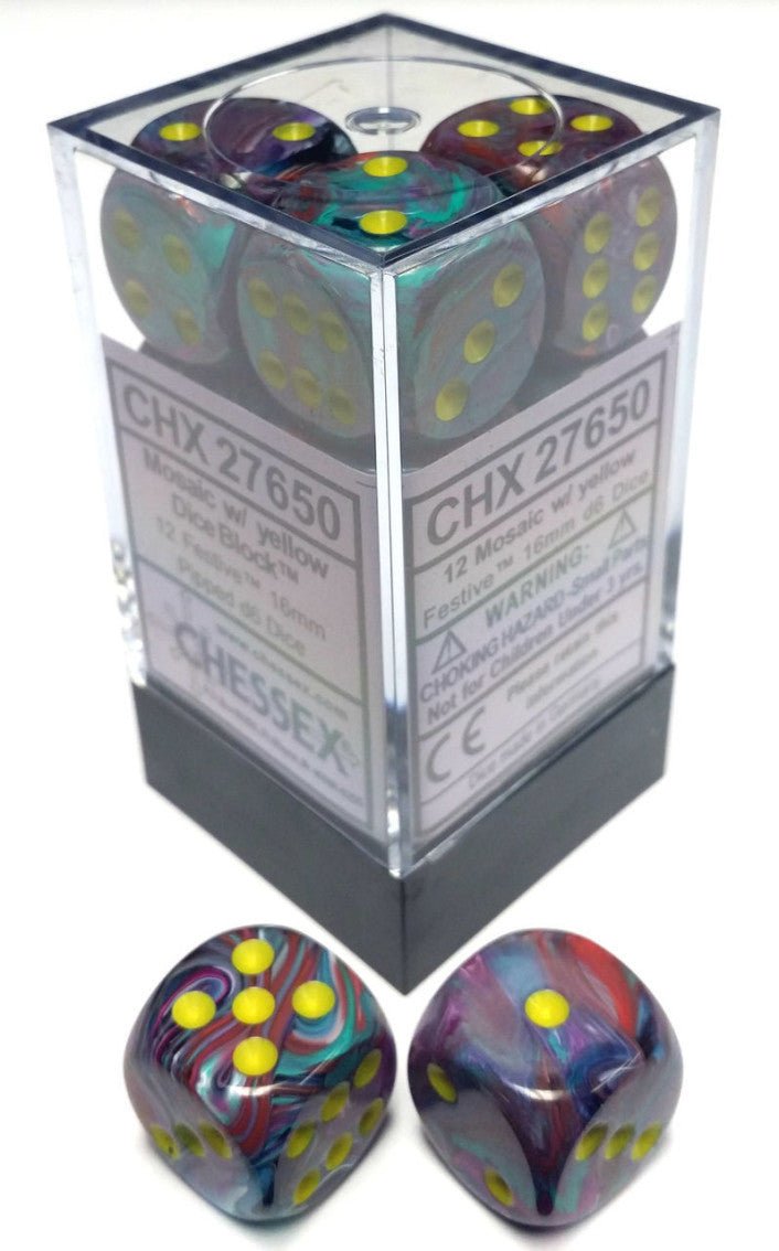 Chessex D6 Festive 16mm d6 Mosaic/yellow Dice Block (12 dice) - 601982025465 - Dice - Chessex - The Little Lost Bookshop
