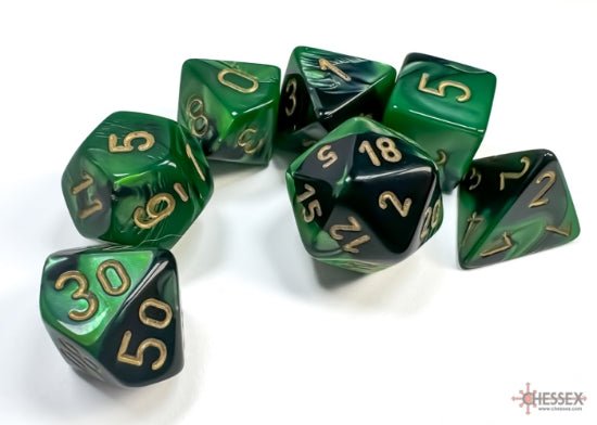Chessex D7 - Die Set Gemini Black - Green/Gold Polyhedral - 601982022990 - Dice - Chessex - The Little Lost Bookshop