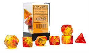 Chessex Gemini Translucent Red - Yellow/Gold Luminary 7 Die Set - 601982034856 - Board Games - The Little Lost Bookshop