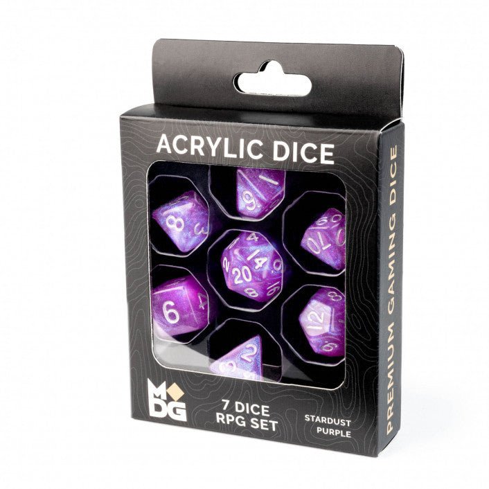MDG Stardust Purple 16mm Acrylic Dice Set - 687700231523 - Dice - Metallic Dice Games - The Little Lost Bookshop