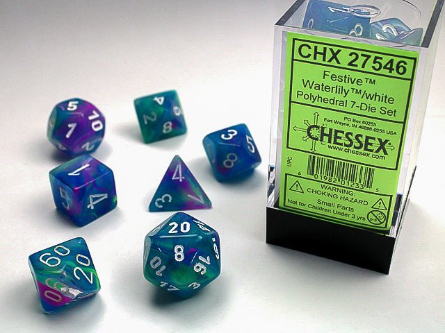 Festive Polyhedral Waterlily/White Dice Set - 601982012335 - Board Games - The Little Lost Bookshop