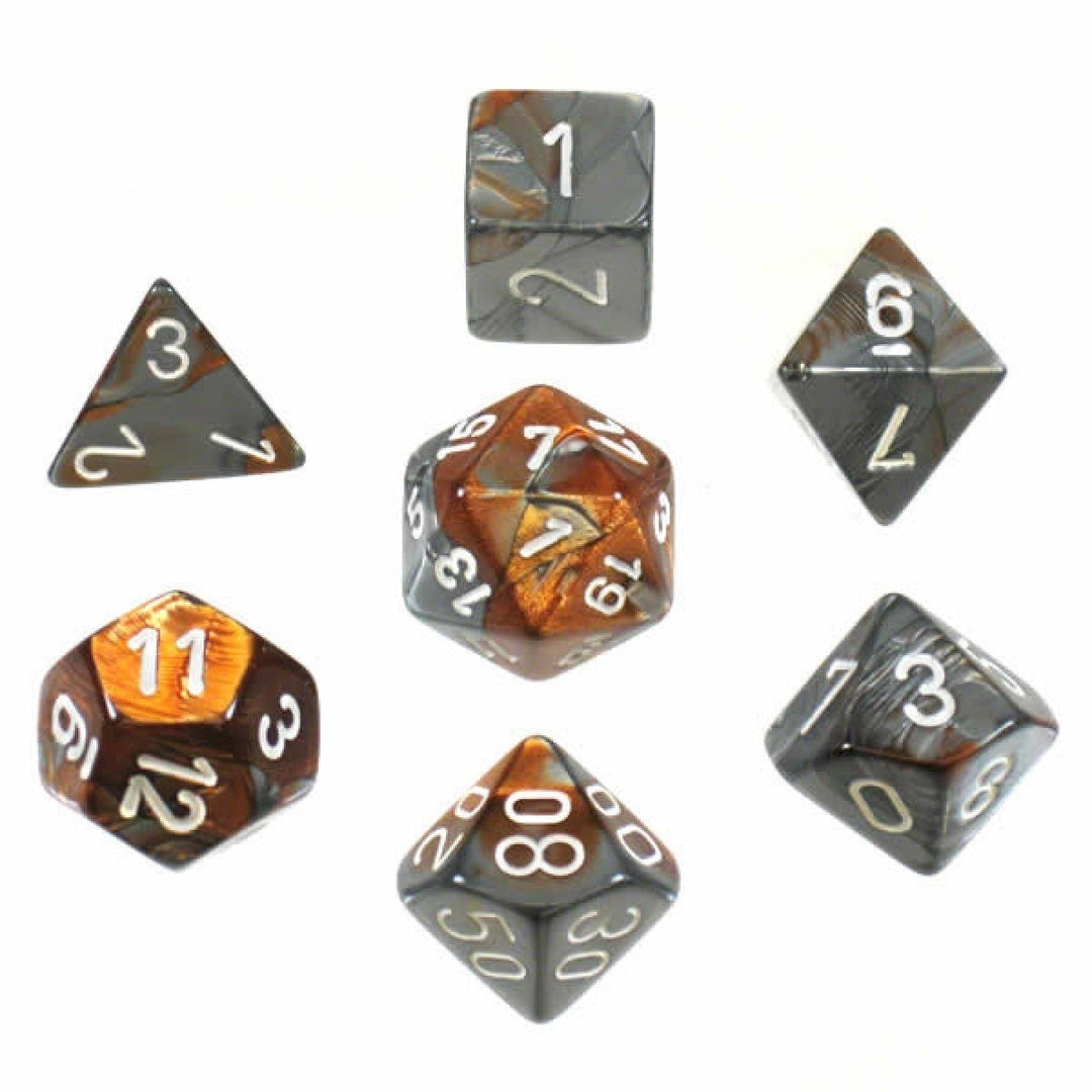 Gemini Copper-Steel/White Polyhedral Dice Set - 601982022877 - Board Games - The Little Lost Bookshop